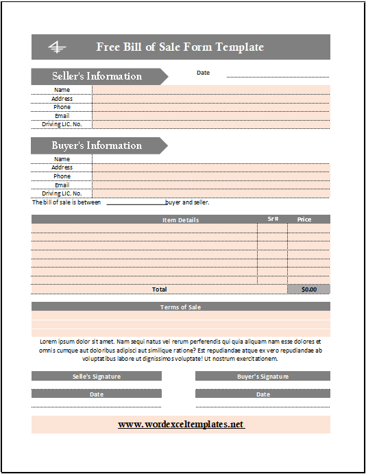 Free Bill of Sale Forms Template 01,,,