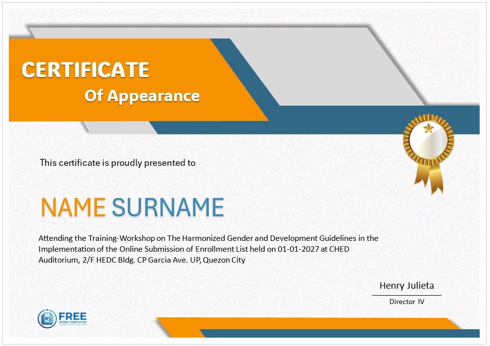 Appearance recognition certificate template