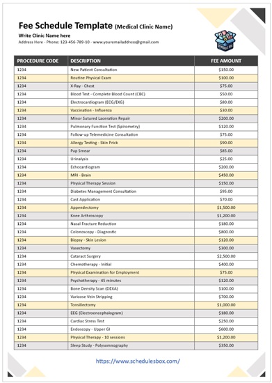 Fee Schedule Template - Medical Clinic