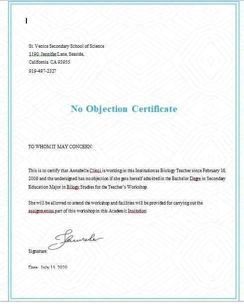 No Objection Certificate Template