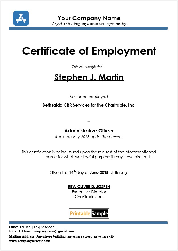 Professional Employment Certificate Design