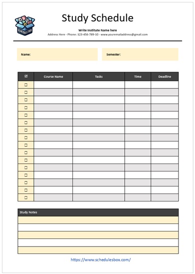 Study Schedule Template Courses-Wise